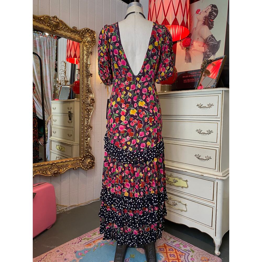 vintage style silk floral maxi dress backless puff sleeves med polka dot trim - Picture 9 of 11